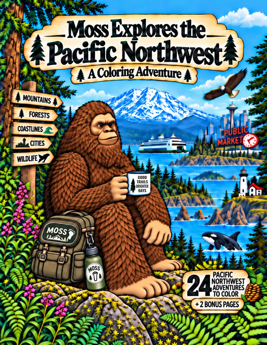 Cover of Moss Explores the Pacific Northwest: Moss the Sasquatch sits on a mossy rock holding a mug, with Mount Rainier, a ferry, an orca and the Seattle skyline behind him.